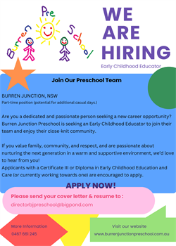 Burren Junction Preschool is hiring an Early Childhood Educator